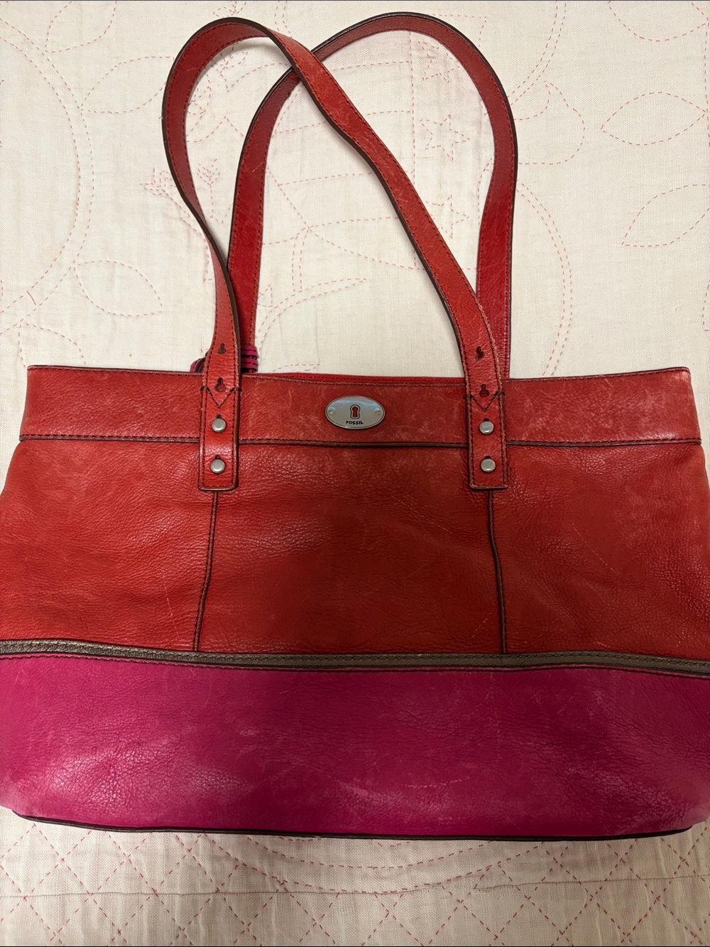 Vintage Fossil Tote Bag Distressed Leather Red Pink Large Purse Zip Top Bag